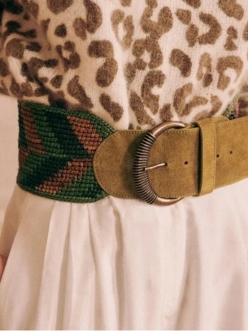 Olive Green Suede Wide Belt with Braided Detail